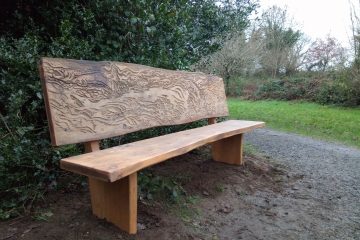 Wooden bench with Salmon artwork carved into backrest