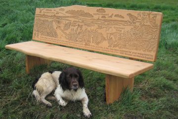 Wooden bench with wildlife images etched onto backrest with dog