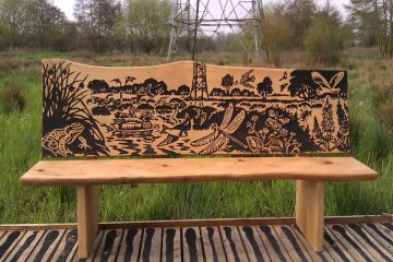 Wooden bench with local wildlife view carved into the backrest